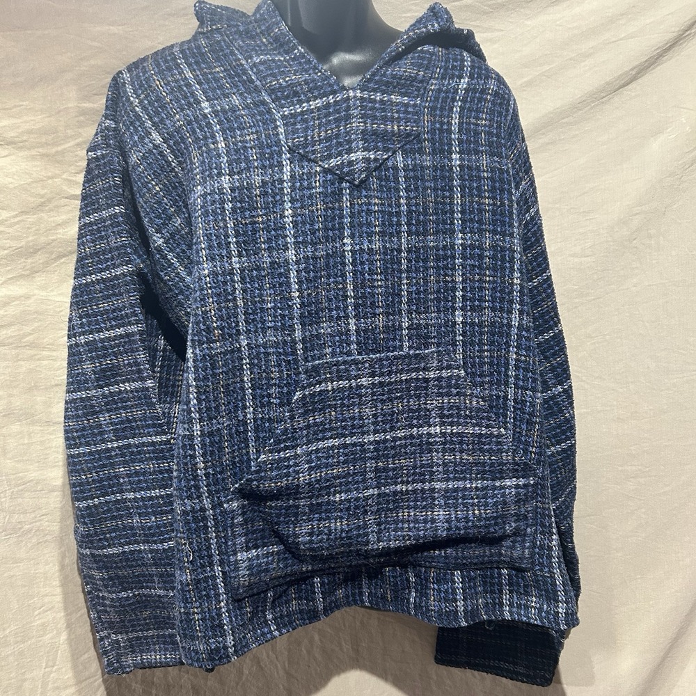Earth Ragz Mens XL Baja Hoodie Blue Woven Poncho Drug Rug Pullover Sweater
